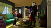 An animated vampire gestures dramatically toward a smiling child in a living room as they enjoy a Halloween movie together. A bowl of popcorn sits on the table between them. The cozy setting, complete with green furniture, striped walls, and bookshelves, is perfect for watching rare DVDs like Dear Dracula (2012) DVD.