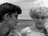 A young man looks at a young woman with a bird perched on her shoulder, set against the ocean on the cover of the Kiss Her Goodbye (1959) DVD.