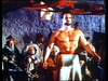 On the cover of The White Warrior (1959) DVD, a shirtless, bearded man with a sash stands in the center of a group of seated, cloaked people against a stone wall.
