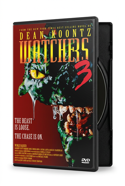 DVD case for Watchers 3 (1994) DVD, featuring a green, drooling creature with a yellow eye on the cover, along with the title and author Dean Koontz.