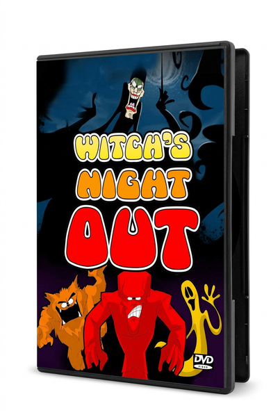 DVD case cover for Witch’s Night Out (1978), featuring a tall, slender figure reaching down from above, a werewolf, a red monster, and a yellow ghost below the title.