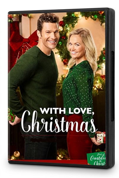 DVD case for With Love, Christmas (2017) featuring a man and woman smiling in front of a Christmas wreath with the title printed over them.