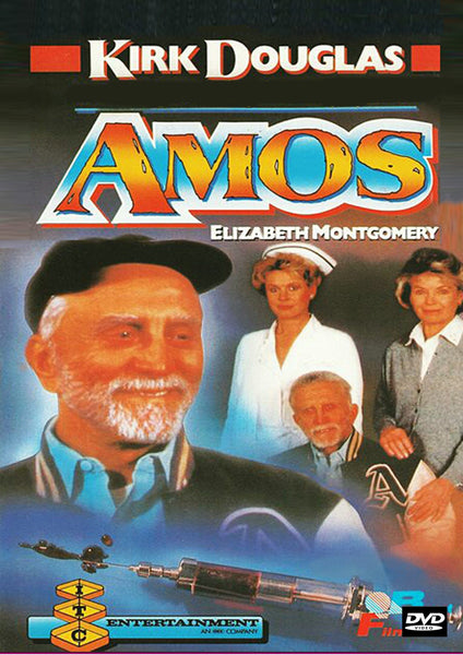 Amos (1985) DVD cover features an older bearded man in a cap, two women in nursing uniforms, and the names Kirk Douglas and Elizabeth Montgomery at the top. A classic senior care drama now available on DVD.