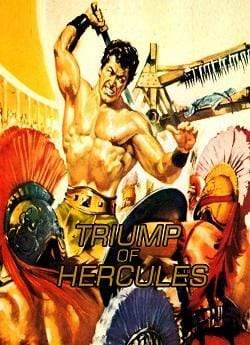 A muscular hero in ancient armor battles helmeted warriors as bold text, "The Triumph of Hercules DVD (1964)," appears across the image, capturing the thrilling spirit of classic adventure films.